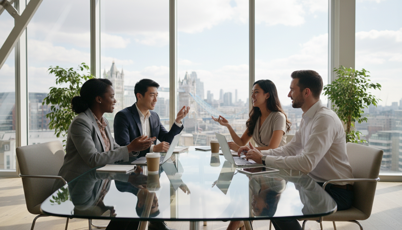 A diverse group of four professional entrepreneurs of different ethnicities having a collaborative meeting in a bright, modern London glass office, with a subtle view of the Tower Bridge in the far background.