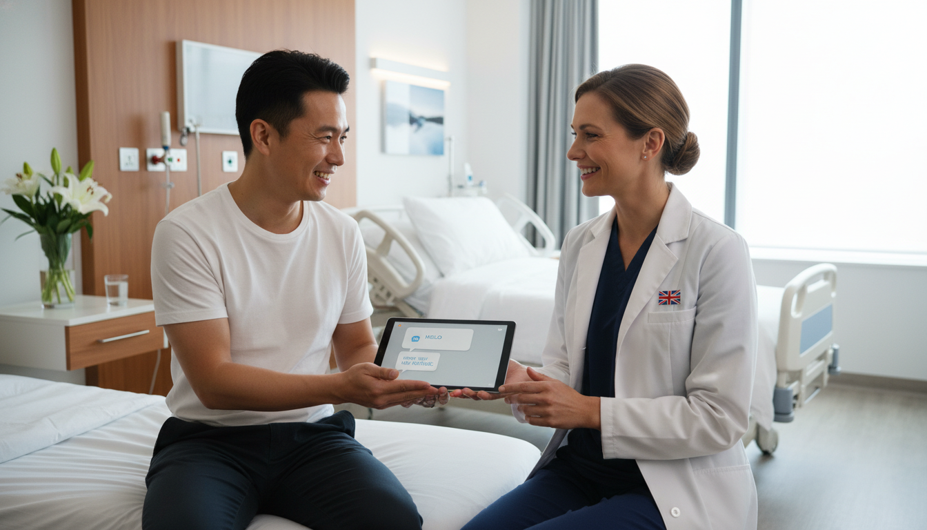 A professional doctor in a modern UK private hospital setting, smiling and talking to an international patient, high-quality photography, bright and airy atmosphere, clinical but welcoming.