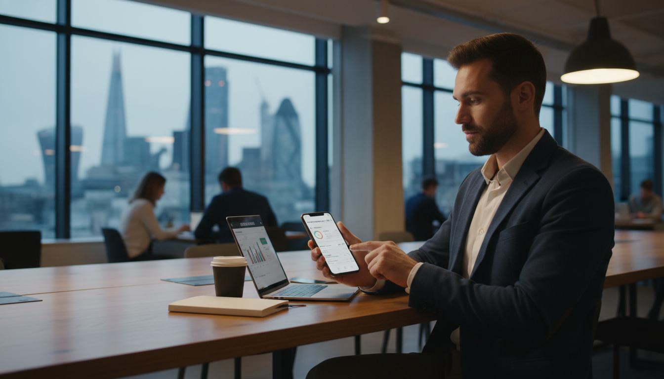 A professional expat entrepreneur sitting in a bright, modern London co-working space, using a smartphone to manage business finances with a digital banking app, blurred city skyline in the background, cinematic lighting.