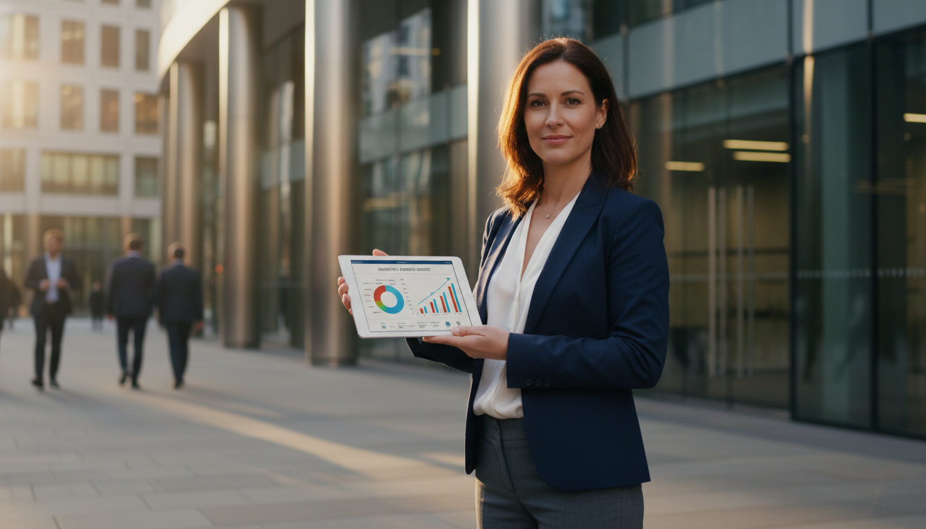 A professional expat entrepreneur standing in front of a modern London office building, holding a digital tablet showing business growth charts, warm natural lighting, high resolution, photorealistic style.