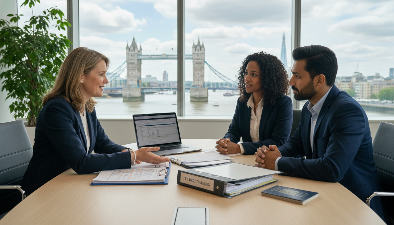 A professional consultant sitting with a diverse expat couple in a modern London office overlooking the Thames, with tax documents, a laptop, and a British passport on the table.