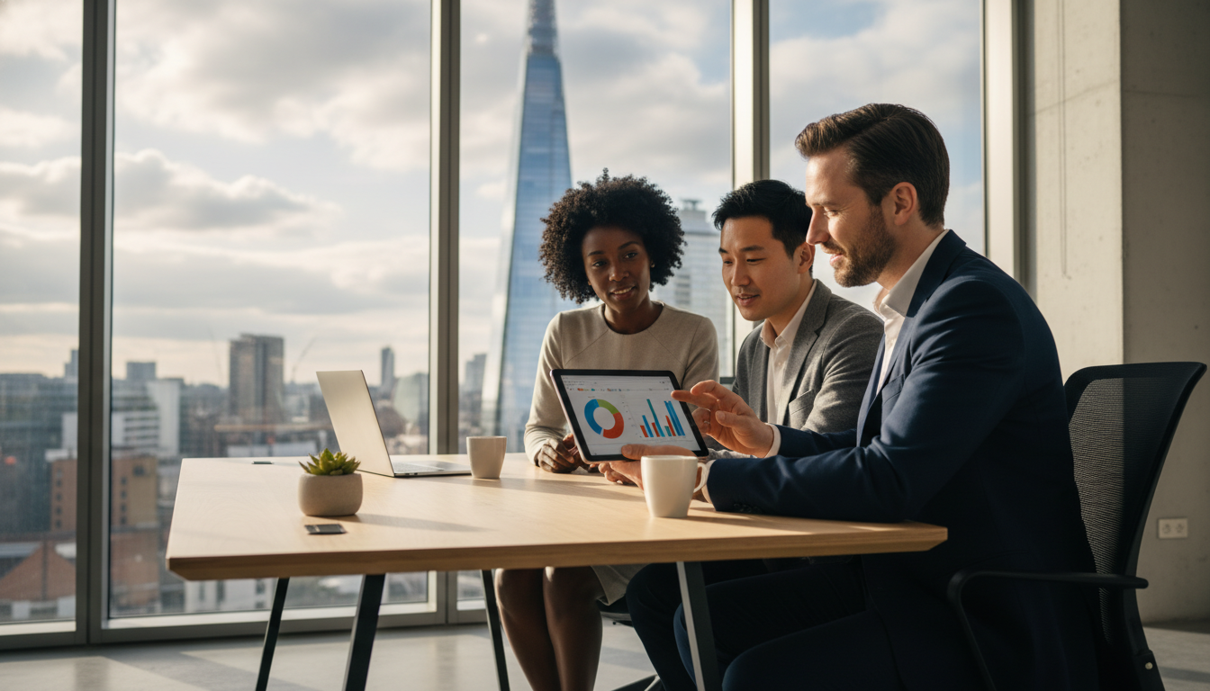 A professional modern office setting in London with a view of the Shard, featuring a smiling accountant discussing financial charts on a tablet with a diverse client couple, warm natural lighting, professional atmosphere, minimalist desk.