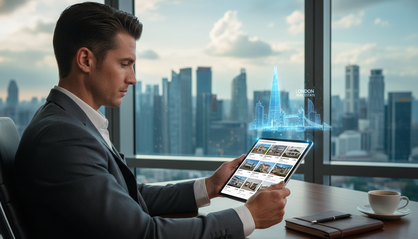 A professional expat sitting in a high-rise modern office in a city like Singapore or Dubai, looking at a digital tablet displaying UK real estate listings with a blurred cityscape of London including the Shard visible in a holographic overlay.