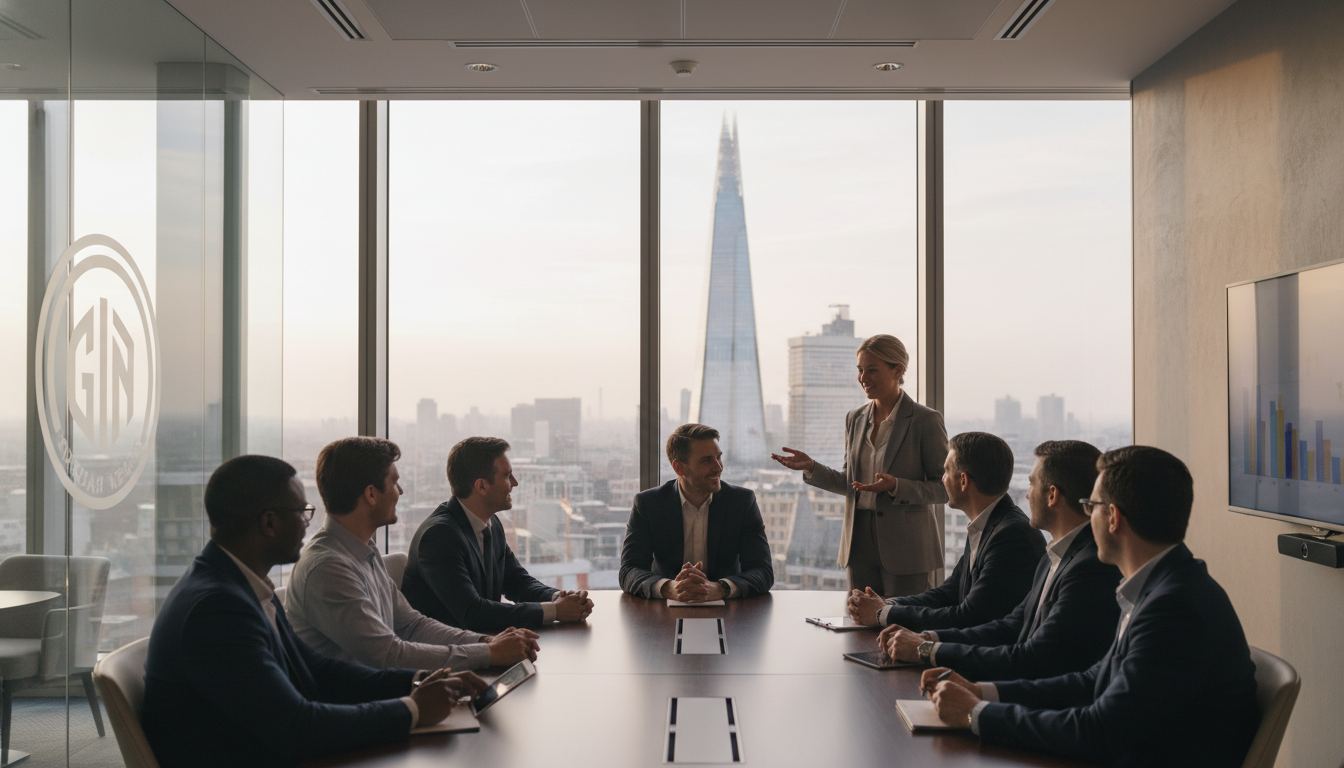 A diverse group of professional entrepreneurs in a modern glass-walled boardroom in London, with the Shard visible in the background, soft natural lighting, high-end corporate photography style.