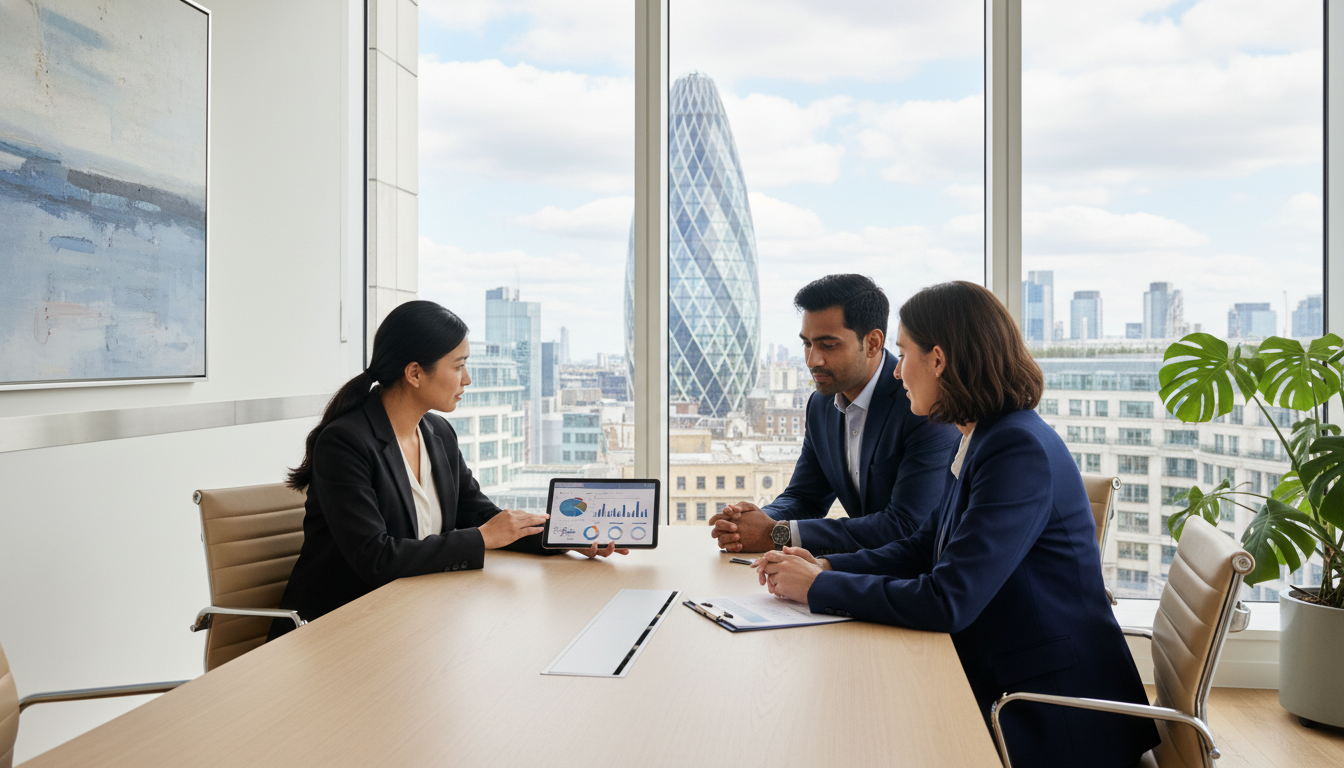 A professional financial advisor in a bright, modern London office discussing financial portfolios on a tablet with an international couple, with the iconic Gherkin building visible through the window.