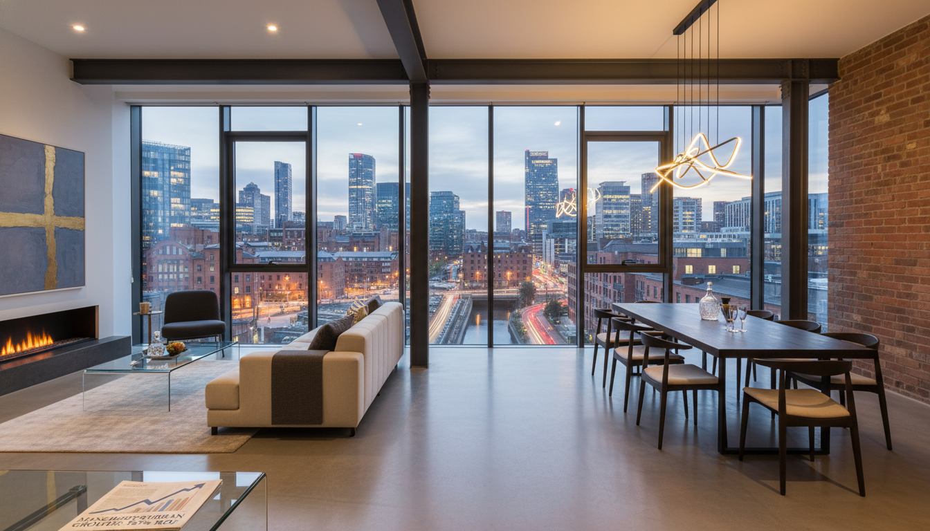 A professional wide-angle shot of a modern luxury apartment interior in a revitalized industrial district of Manchester, with large windows showing a cityscape at dusk, symbolizing high-yield urban investment.