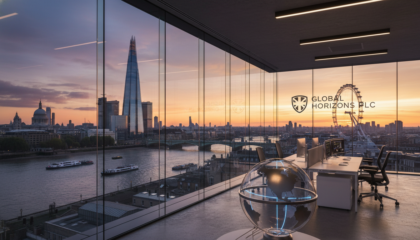 A high-quality, professional photograph of a modern glass-walled office in London, overlooking the River Thames and the Shard at sunset, symbolizing international business growth and British prestige.